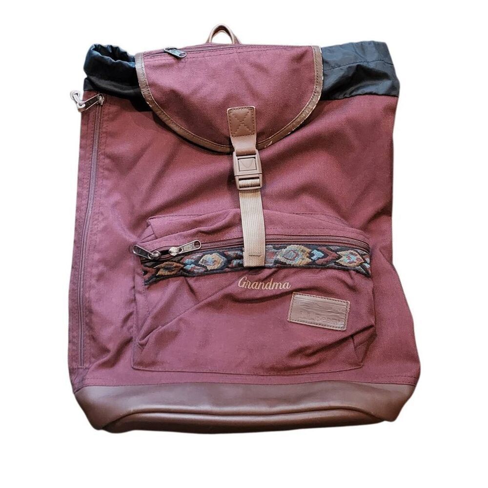 Vintage 90s L.L. Bean Backpack Maroon Leather Nylon Aztec Southwest Grandma